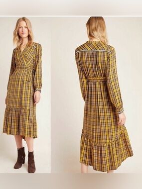 ANTHROPOLOGIE Dalton Wrap Dress Plaid Mustard Yellow Size XS